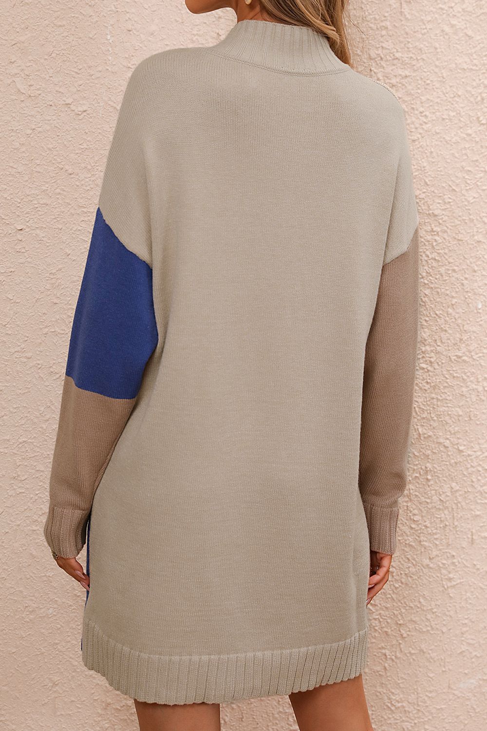Color Block Mock Neck Dropped Shoulder Sweater Dress - Fashion Finder Hub