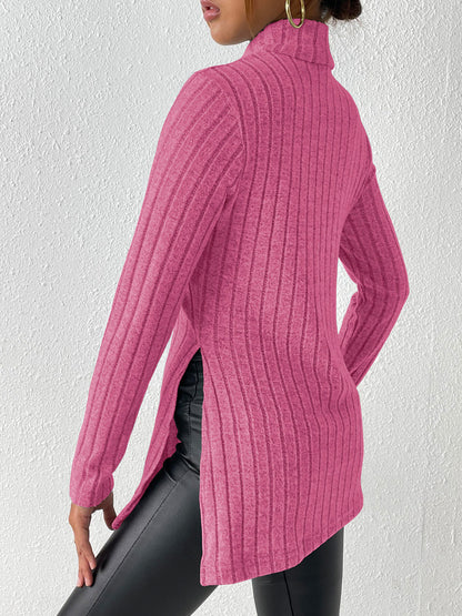 Ribbed Turtleneck Long Sleeve Slit T-Shirt - Fashion Finder Hub