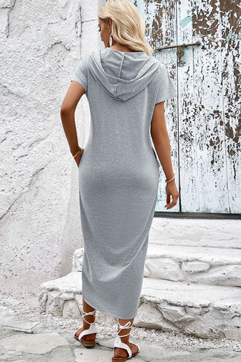 Perfee Short Sleeve Front Slit Hooded Dress