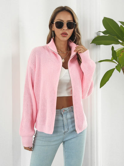 Turtleneck Zip Up Long Sleeve Knit Top - Fashion Finder Hub