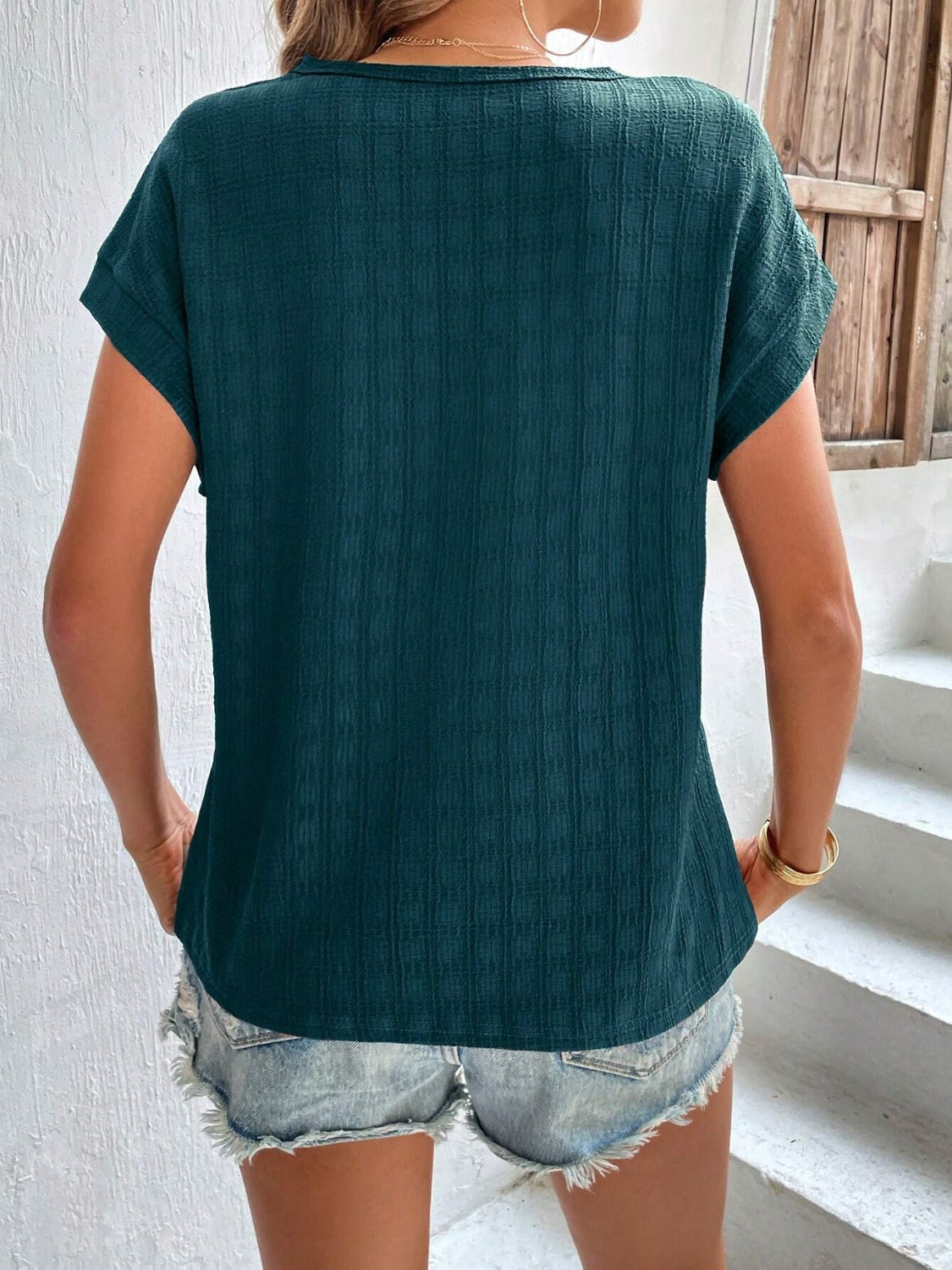 Textured Round Neck Short Sleeve Top - Fashion Finder Hub