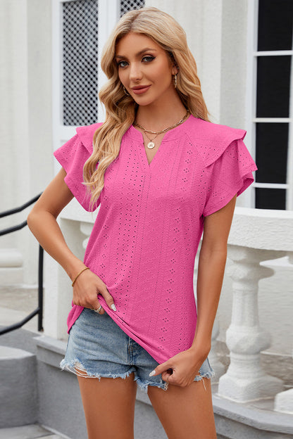 Eyelet Notched Short Sleeve T-Shirt - Fashion Finder Hub