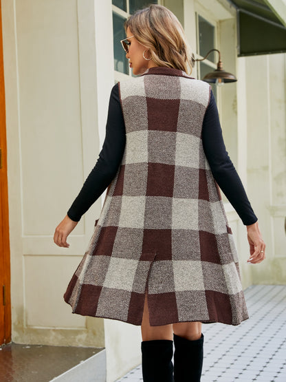 Plaid Lapel Collar Sleeveless Cardigan - Fashion Finder Hub