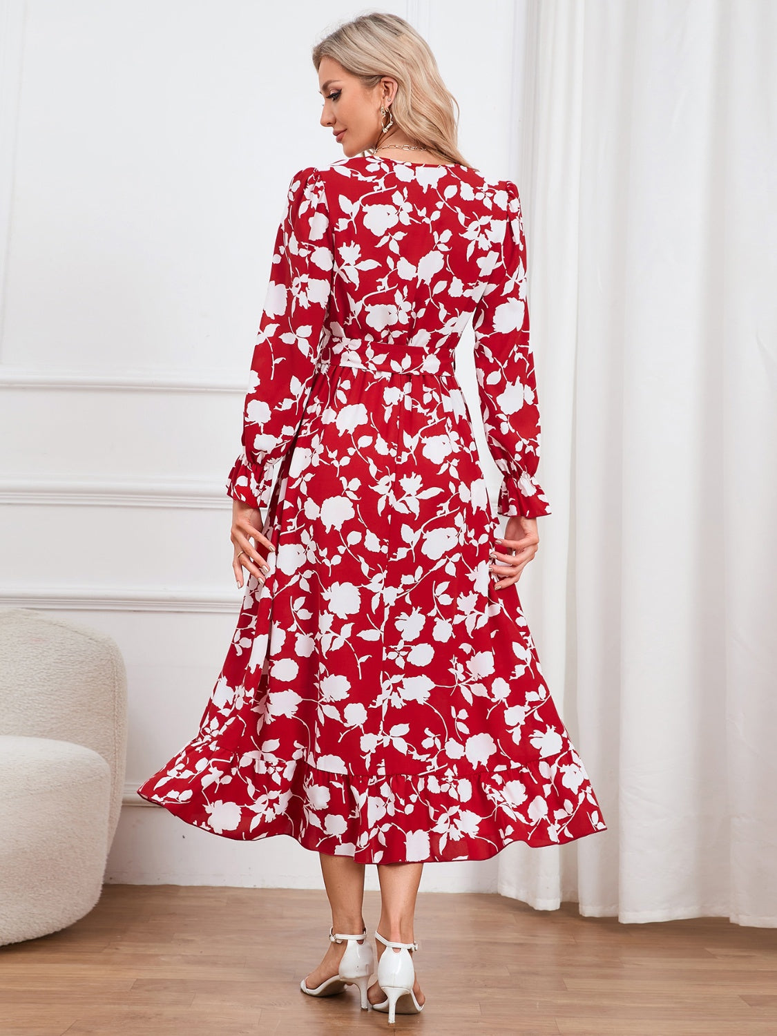 Floral Surplice Flounce Sleeve Ruffle Hem Dress