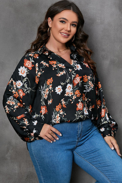 Plus Size Printed Johnny Collar Long Sleeve Blouse - Fashion Finder Hub