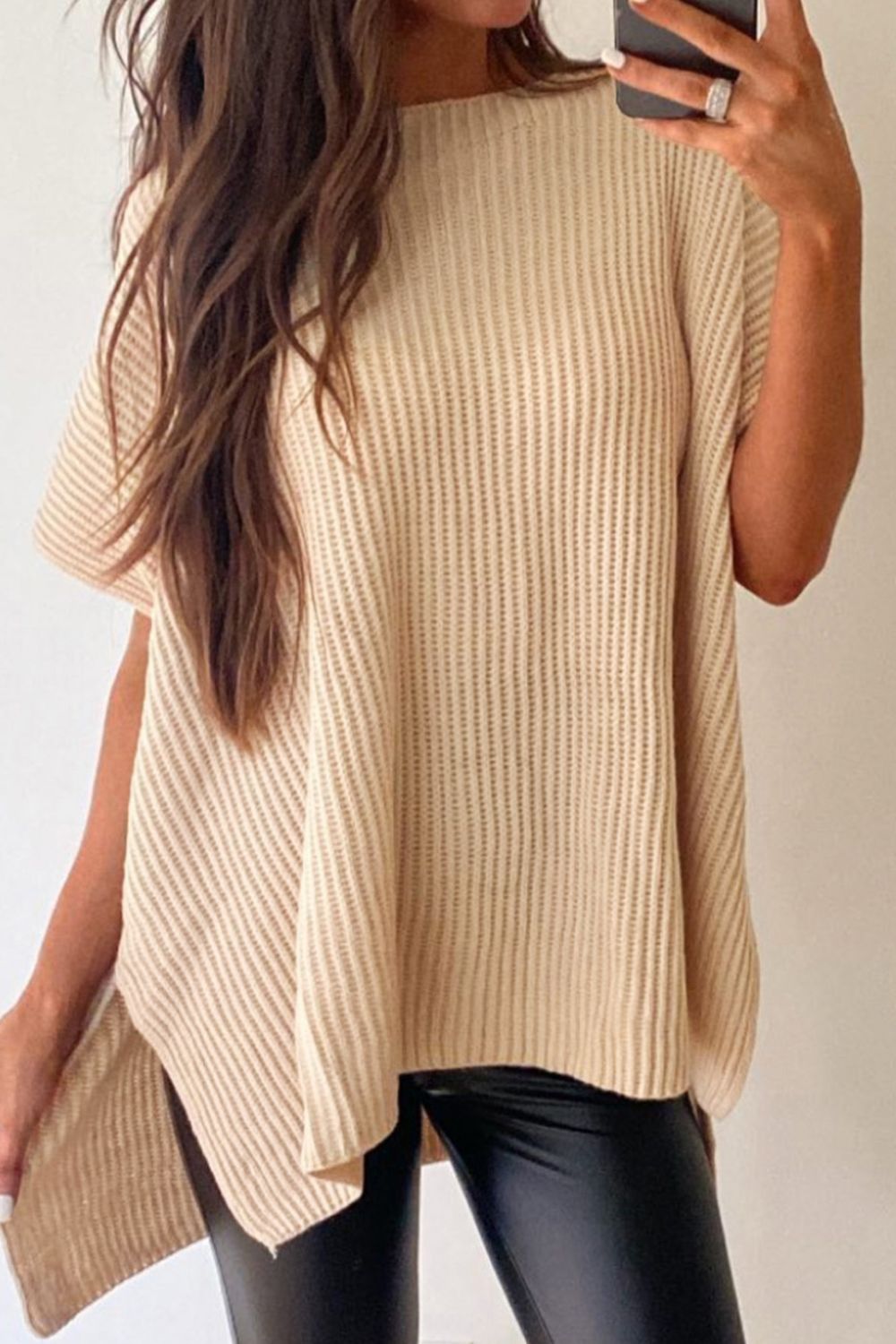 Waffle-Knit Slit Short Sleeve Sweater - Fashion Finder Hub