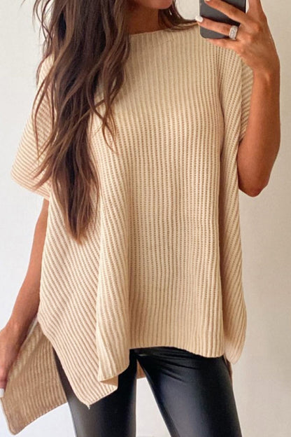 Waffle-Knit Slit Short Sleeve Sweater - Fashion Finder Hub