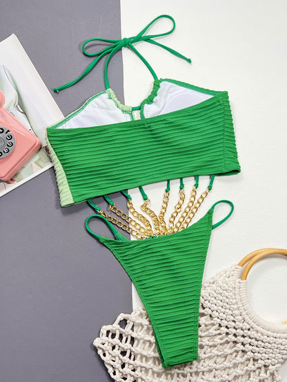 Contrast Halter Neck Chain Detail One-Piece Swimsuit - Fashion Finder Hub