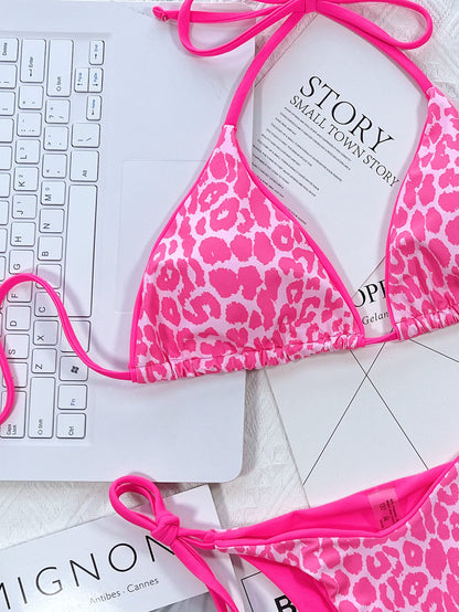 Leopard Print Halter Neck Tie Side Bikini Set - Fashion Finder Hub