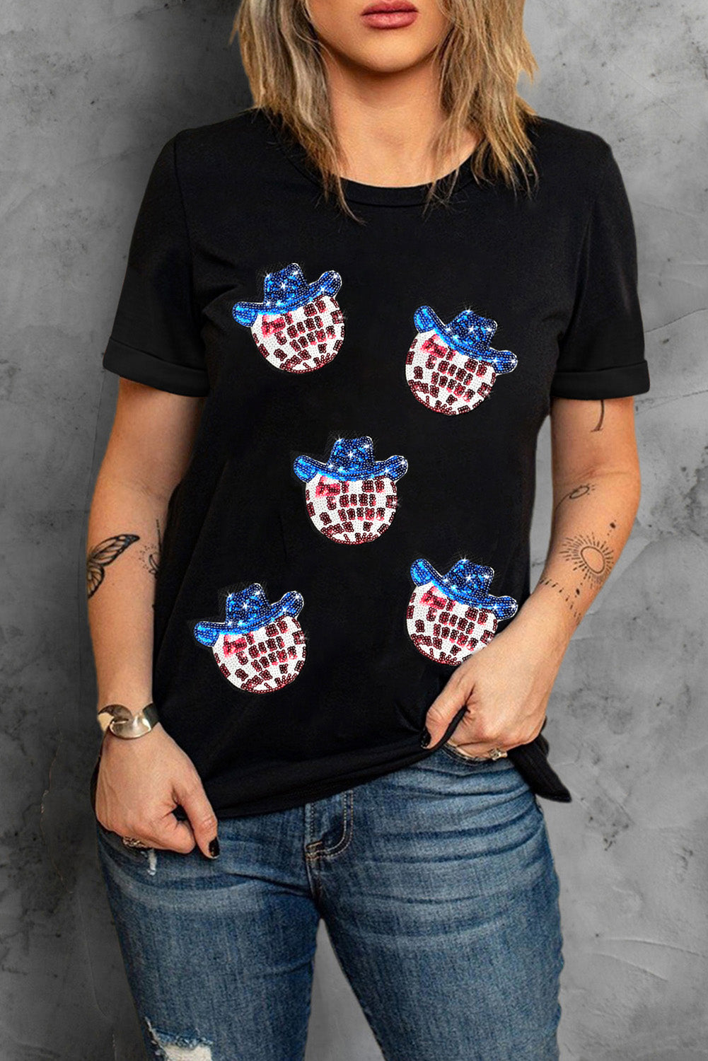 Sequin Round Neck Short Sleeve T-Shirt - Fashion Finder Hub