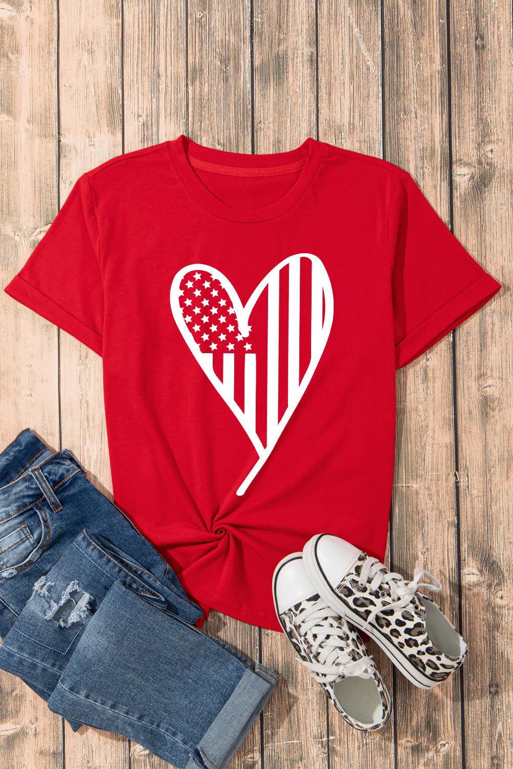 Heart Round Neck Short Sleeve T-Shirt - Fashion Finder Hub