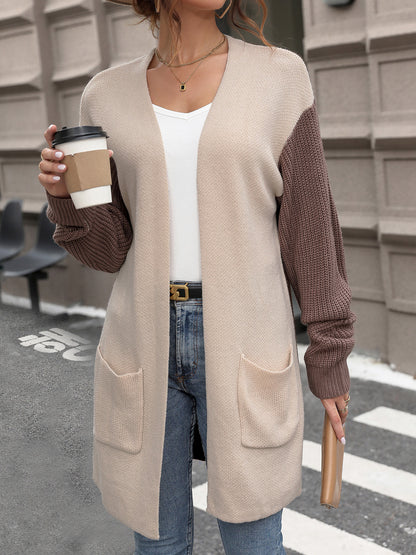 Contrast Open Front Long Sleeve Cardigan - Fashion Finder Hub