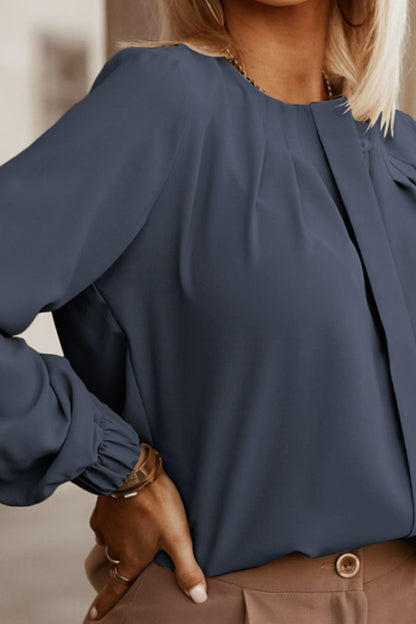 Button Up Round Neck Long Sleeve Shirt - Fashion Finder Hub
