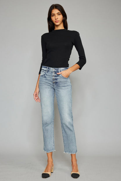 Kancan High Waist Button Fly Raw Hem Cropped Straight Jeans - Fashion Finder Hub
