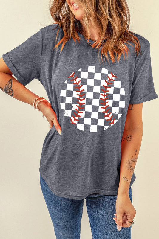 Checkered Graphic Round Neck Short Sleeve T-Shirt - Fashion Finder Hub