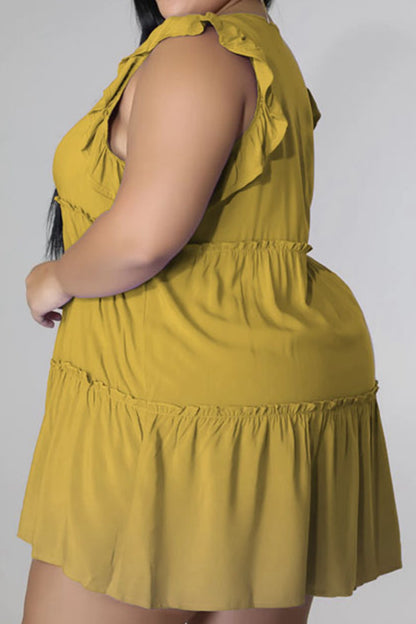 Plus Size V-Neck Frill Trim Mini Dress - Fashion Finder Hub