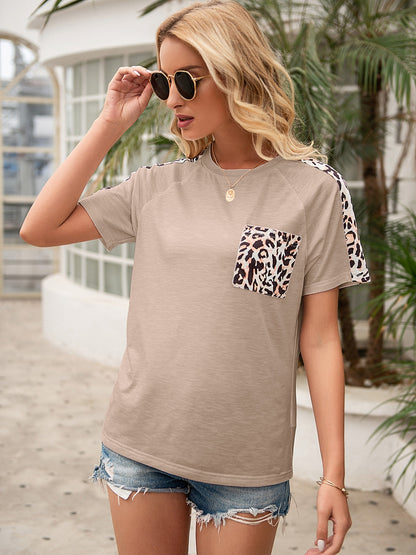 Pocketed Leopard Round Neck Short Sleeve T-Shirt - Fashion Finder Hub