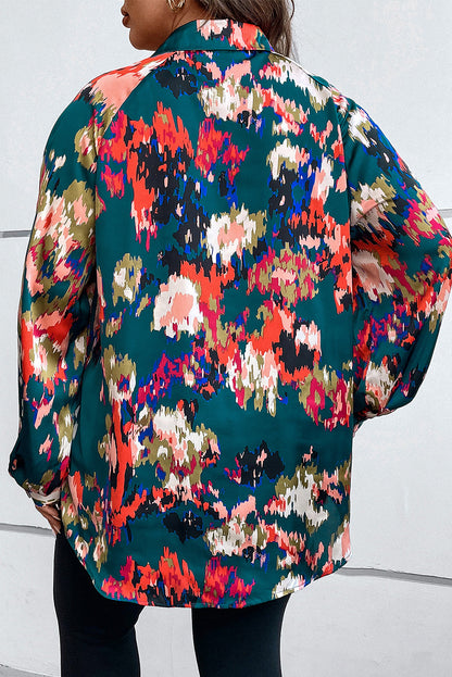 Plus Size Printed Johnny Collar Long Sleeve Blouse - Fashion Finder Hub
