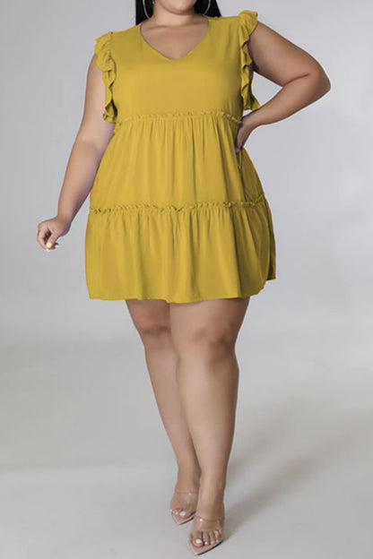 Plus Size V-Neck Frill Trim Mini Dress - Fashion Finder Hub