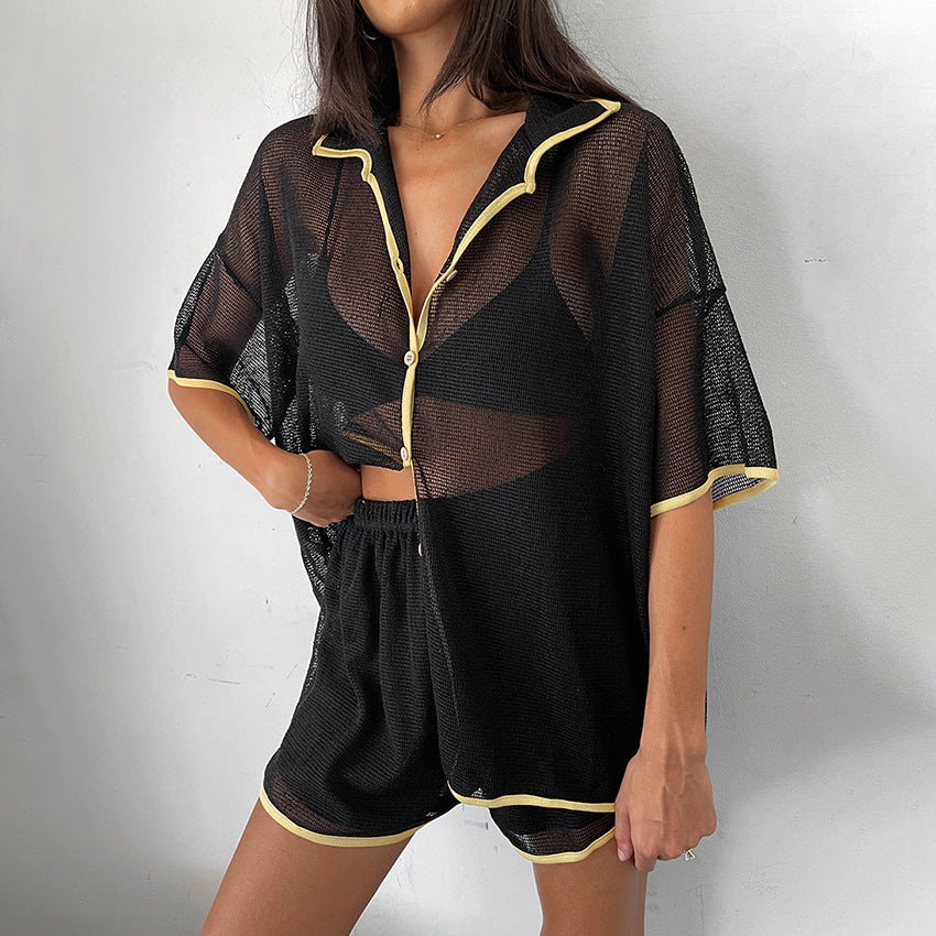 Gawuna See-through Cardigan Pajamas Two-piece Set For Women