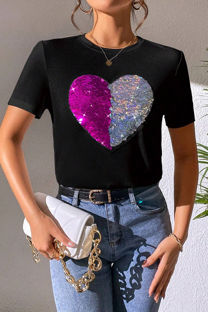 Heart Sequin Round Neck Short Sleeve T-Shirt - Fashion Finder Hub