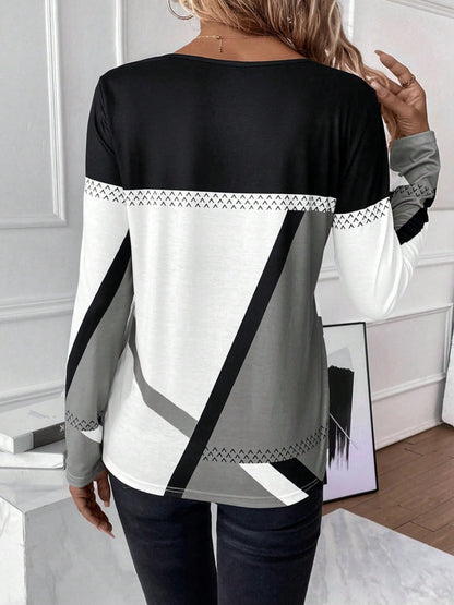 Contrast Round Neck Long Sleeve T-Shirt - Fashion Finder Hub