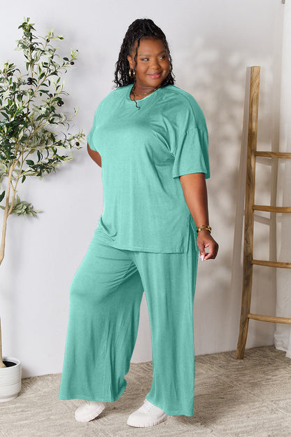 Double Take Full Size Round Neck Slit Top and Pants Set - Fashion Finder Hub