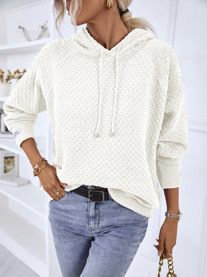 Texture Drawstring Long Sleeve Hooded Sweater - Fashion Finder Hub