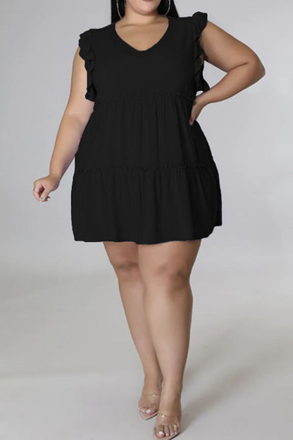 Plus Size V-Neck Frill Trim Mini Dress - Fashion Finder Hub