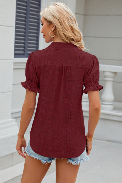 Eyelet Johnny Collar Short Sleeve Blouse - Fashion Finder Hub
