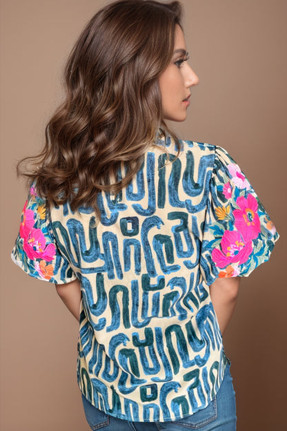 Plus Size Printed Mock Neck Short Sleeve Blouse - Fashion Finder Hub