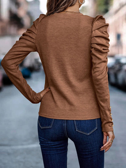 Decorative Button Puff Sleeve T-Shirt - Fashion Finder Hub