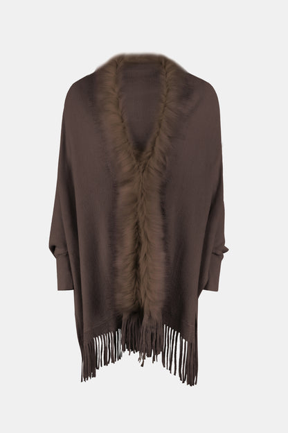 Fringe Open Front Long Sleeve Poncho - Fashion Finder Hub