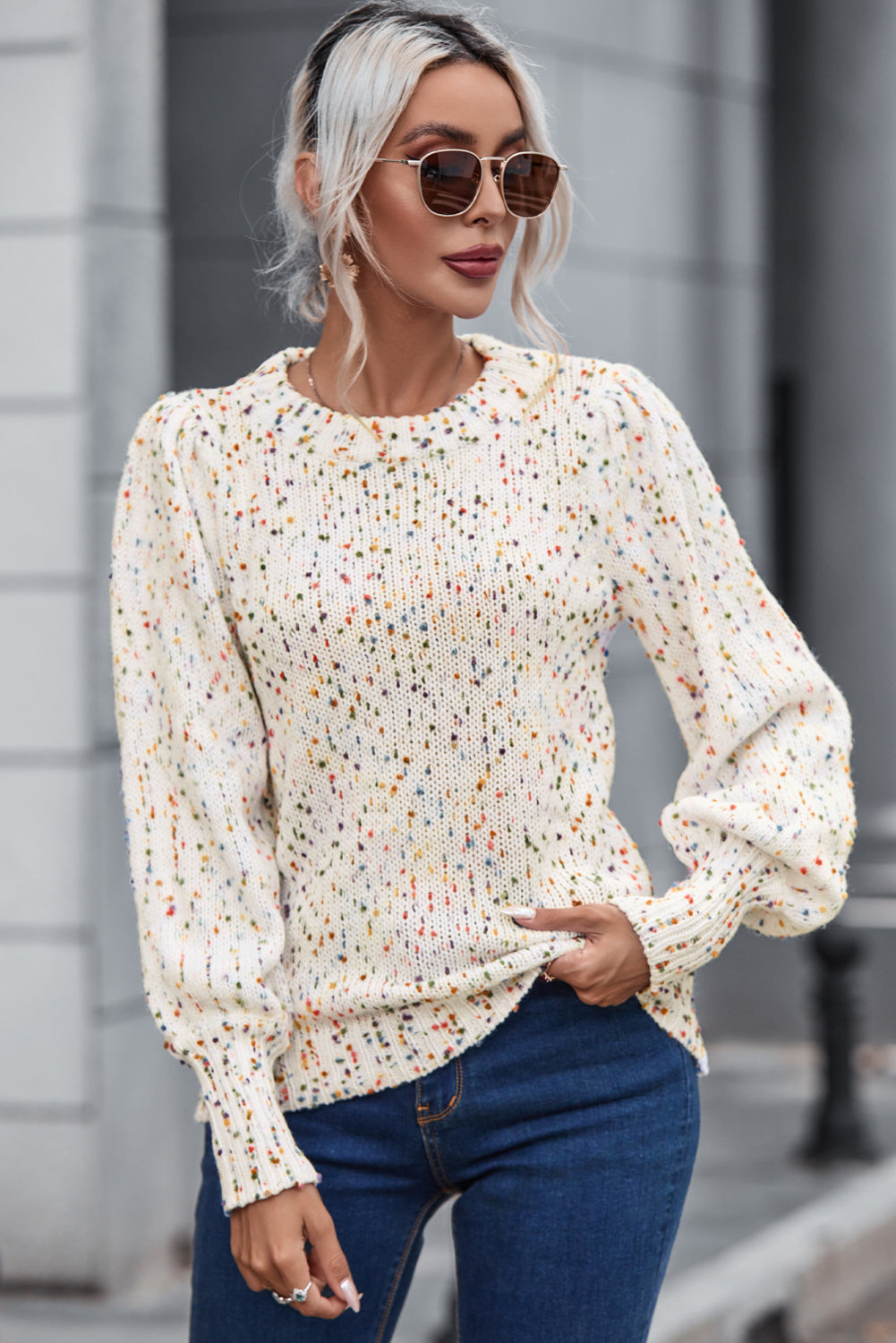 Heathered Round Neck Lantern Sleeve Sweater - Fashion Finder Hub