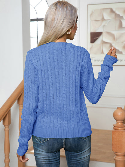 Cable-Knit Round Neck Long Sleeve Sweater - Fashion Finder Hub