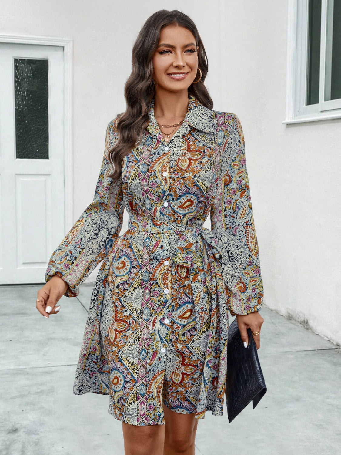 Printed Collared Neck Long Sleeve Dress