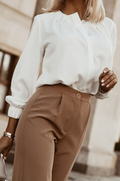 Button Up Round Neck Long Sleeve Shirt - Fashion Finder Hub