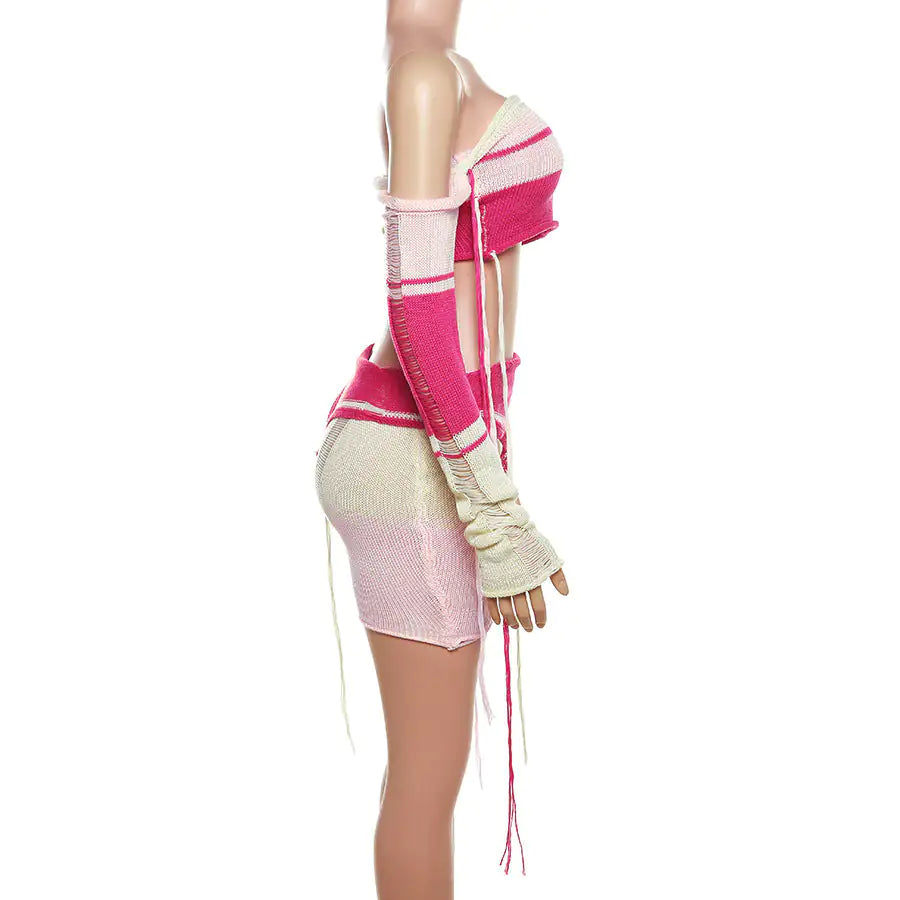 Candy Stripe Distressed Crochet Knit Short Set