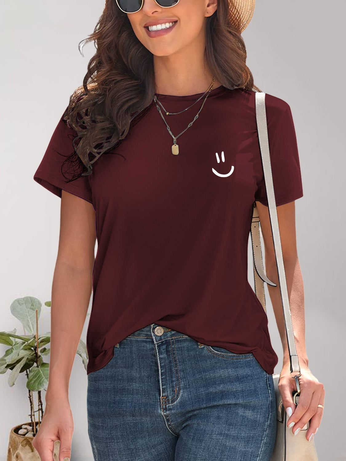 Smile Graphic Round Neck Short Sleeve T-Shirt - Fashion Finder Hub
