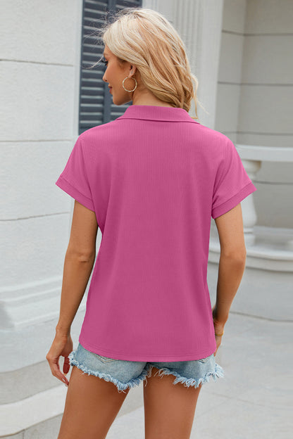 Johnny Collar Short Sleeve Blouse - Fashion Finder Hub