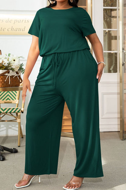 Plus Size Drawstring Waist Short Sleeve Jumpsuit - Fashion Finder Hub