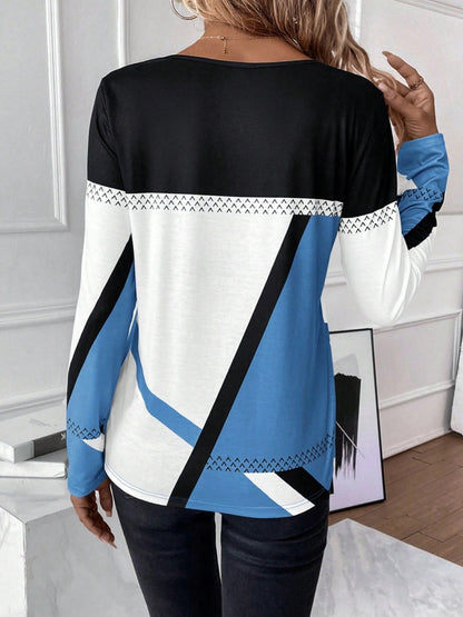 Contrast Round Neck Long Sleeve T-Shirt - Fashion Finder Hub