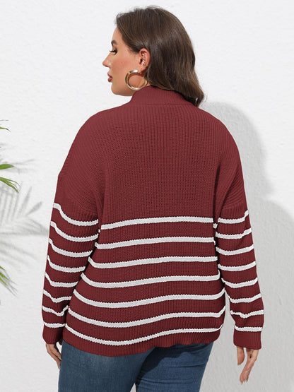 Plus Size Zip-Up Striped Sweater - Fashion Finder Hub