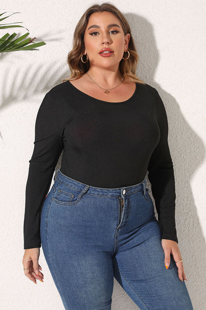 Plus Size Round Neck Long Sleeve Bodysuit - Fashion Finder Hub