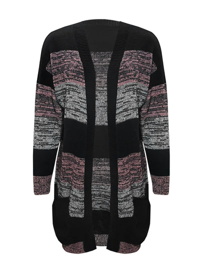 Striped Open Front Long Sleeve Cardigan with Pockets - Fashion Finder Hub