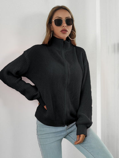 Turtleneck Zip Up Long Sleeve Knit Top - Fashion Finder Hub
