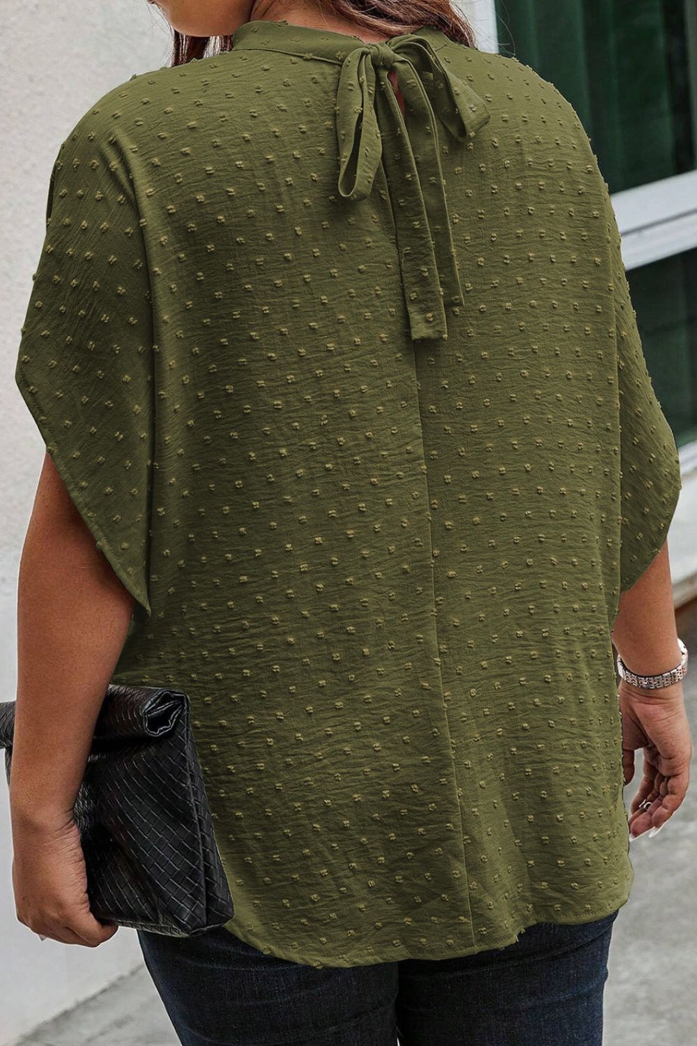 Plus Size Swiss Dot Tied Mock Neck Blouse - Fashion Finder Hub