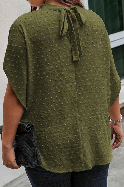 Plus Size Swiss Dot Tied Mock Neck Blouse - Fashion Finder Hub