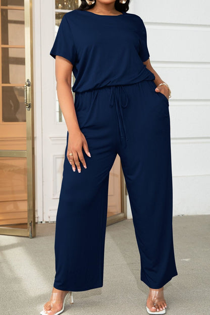 Plus Size Drawstring Waist Short Sleeve Jumpsuit - Fashion Finder Hub