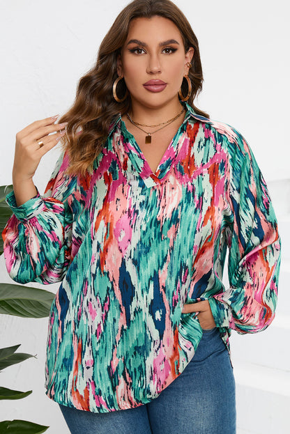 Plus Size Printed Johnny Collar Long Sleeve Blouse - Fashion Finder Hub